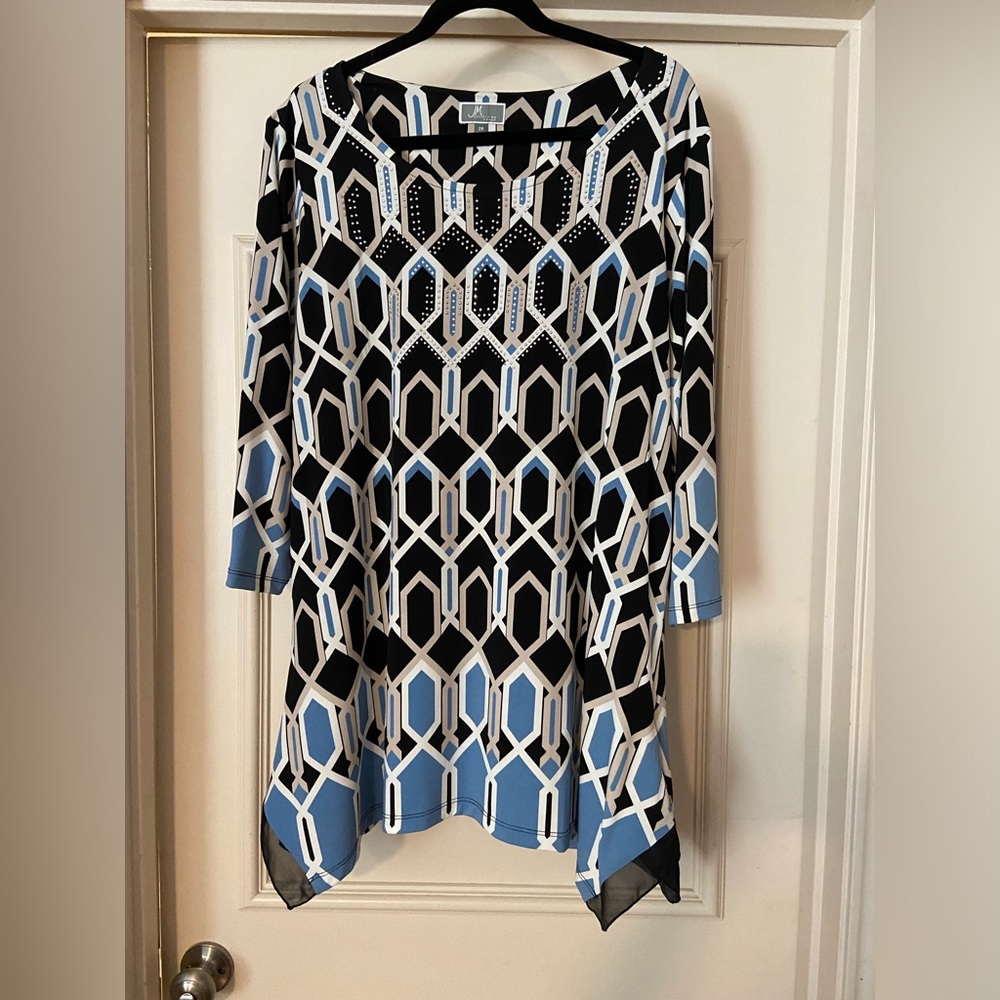 JM Collection 3/4 length sleeve top with cute pattern and embellishments.